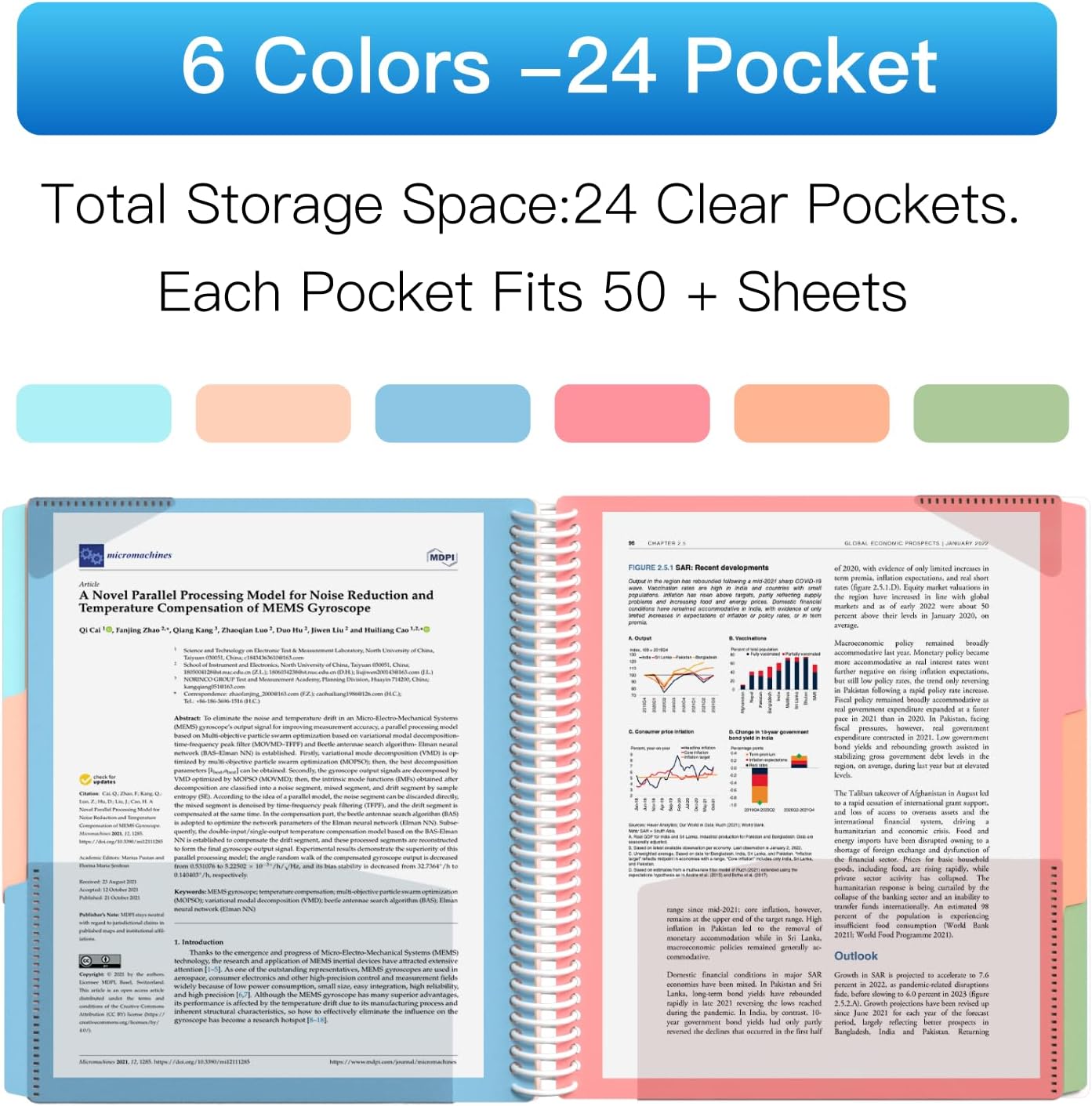 HABGP 12 Pocket Plastic folders with Pockets, 6 Colors Multi Pocket Folder Binder with Dividers, Office Organizer Folder Letter Size School Supplies