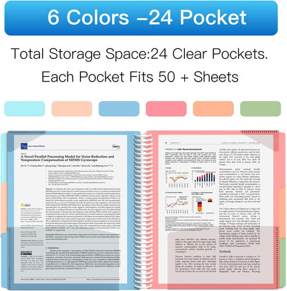 HABGP 12 Pocket Plastic folders with Pockets, 6 Colors Multi Pocket Folder Binder with Dividers, Office Organizer Folder Letter Size School Supplies