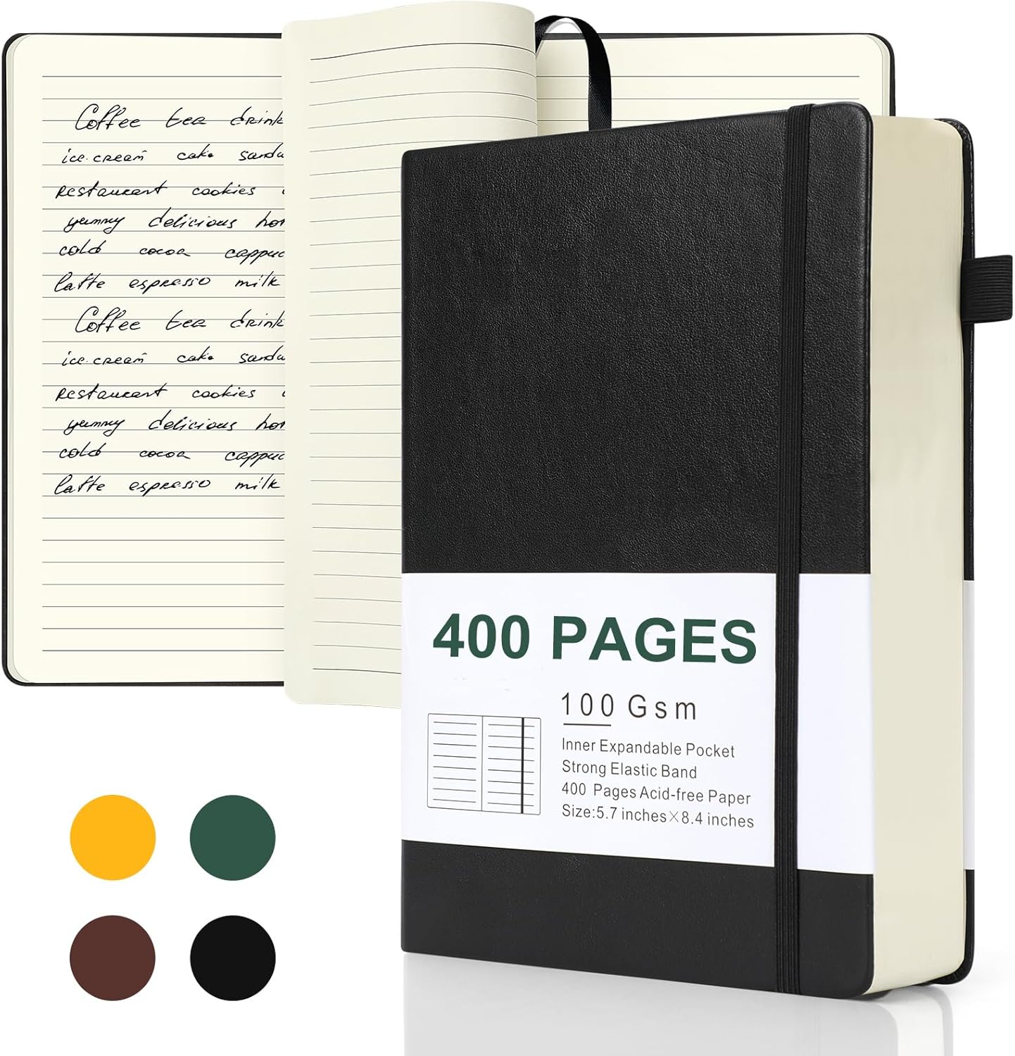 Journals for Writing, A5 Leather Ruled Notebook with 400 Pages, 100 Gms College Ruled Journal with Thick Paper, Hardcover with Inner Pocket & Pen Holder, Dark Green