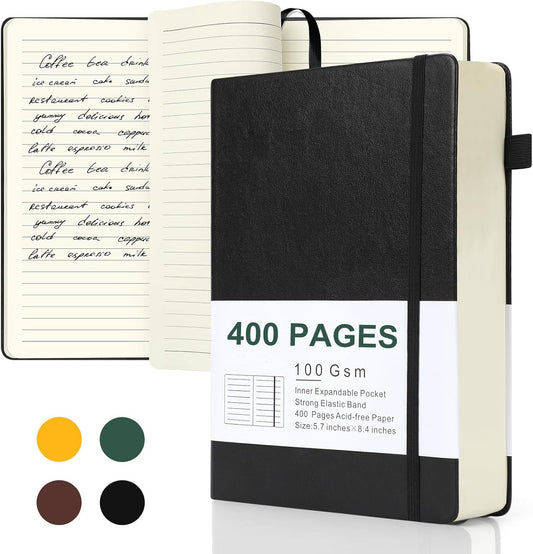 Journals for Writing, A5 Leather Ruled Notebook with 400 Pages, 100 Gms College Ruled Journal with Thick Paper, Hardcover with Inner Pocket & Pen Holder, Dark Green