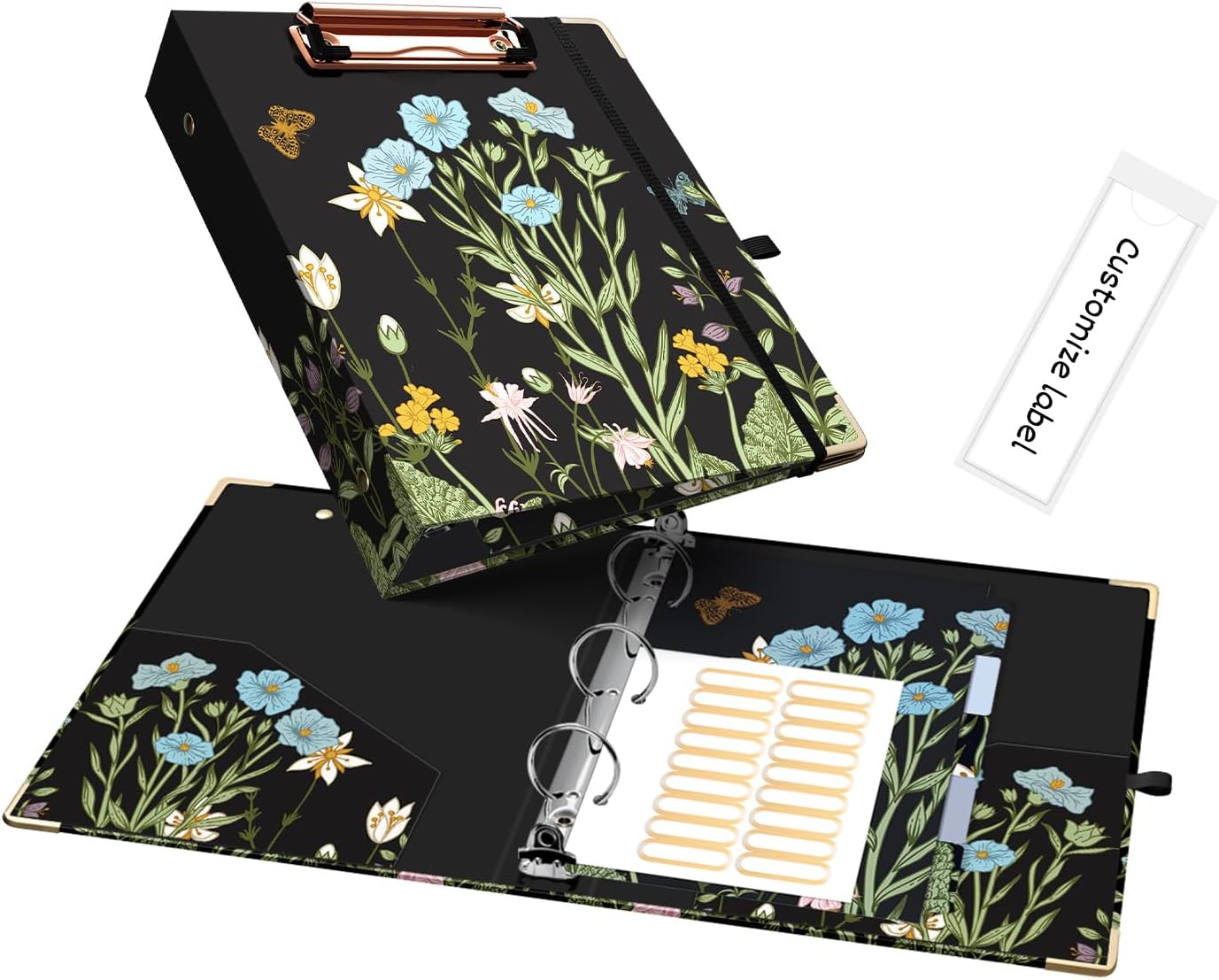 Ospelelf Binder 3 Ring 1 Inch, Floral Round Ring Clipboard Binder for Letter Size with 5 Tab Dividers, File Folder Labels, for School and Office Supplies