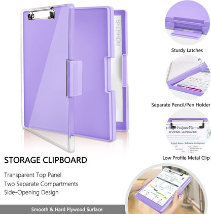 SFLHHDM Clipboard with Storage,Heavy Duty Clip Boards 8.5x11 with 2 Storage Case,Clear Visible Panel Storage Clipboards,Side Opening Nursing Clipboard Folder for Office Supplies-Light Purple