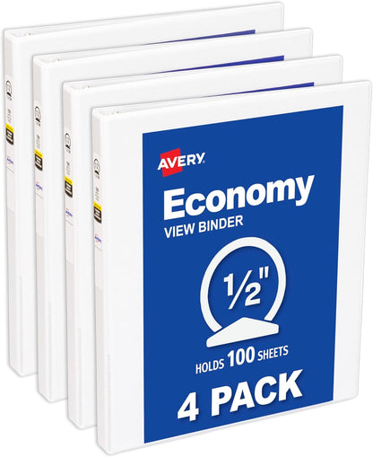 Avery Standard View 3 Ring Binders, 1.5" Round Rings, 275-Sheet Capacity, 2.1 Inch Wide Spine, White Binders, Ideal for Lightweight Organization and Occasional Referencing (4-Pack of 19201)