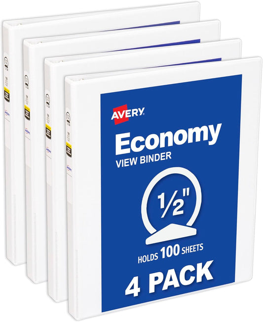 Avery Standard View 3 Ring Binders, 1.5" Round Rings, 275-Sheet Capacity, 2.1 Inch Wide Spine, White Binders, Ideal for Lightweight Organization and Occasional Referencing (4-Pack of 19201)