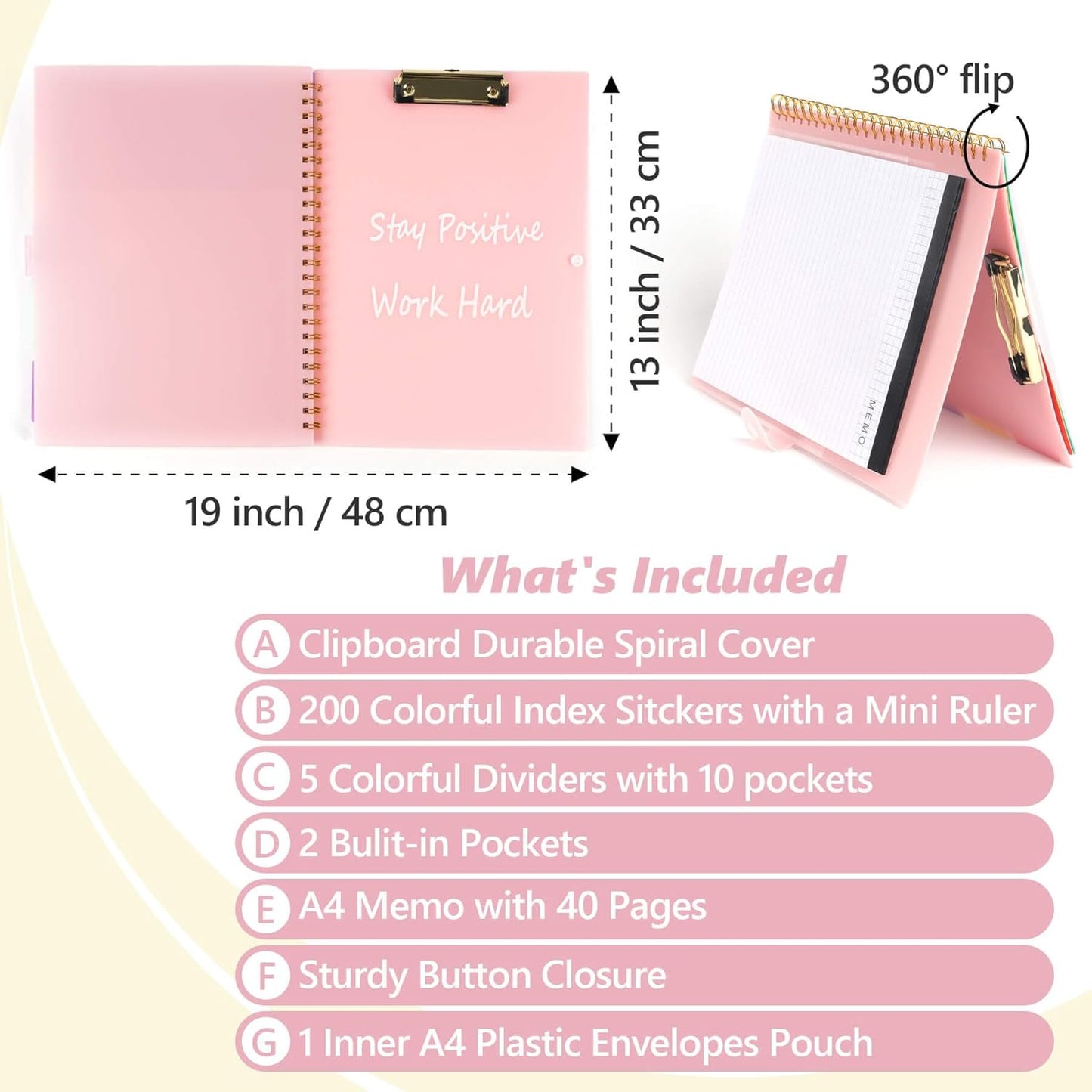 Clipboard Folio with Notepad, Multifunctional Clipboard Folder with Storage, 5 Folders with 11 Pockets, Waterproof Organizer with Refillable Notepad 40 Pages, Lightweight, Button Closure (Macron Pink)