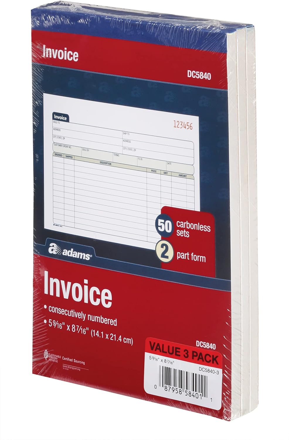 Adams Invoice Book 3 Pack, 2 Part Carbonless Invoices, Horizontal Sales Slip, 5-9/16 x 8-7/16 Inches, 50 Sets per Book (DC5840-3)