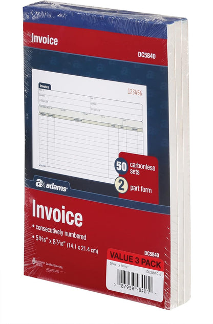 Adams Invoice Book 3 Pack, 2 Part Carbonless Invoices, Horizontal Sales Slip, 5-9/16 x 8-7/16 Inches, 50 Sets per Book (DC5840-3)