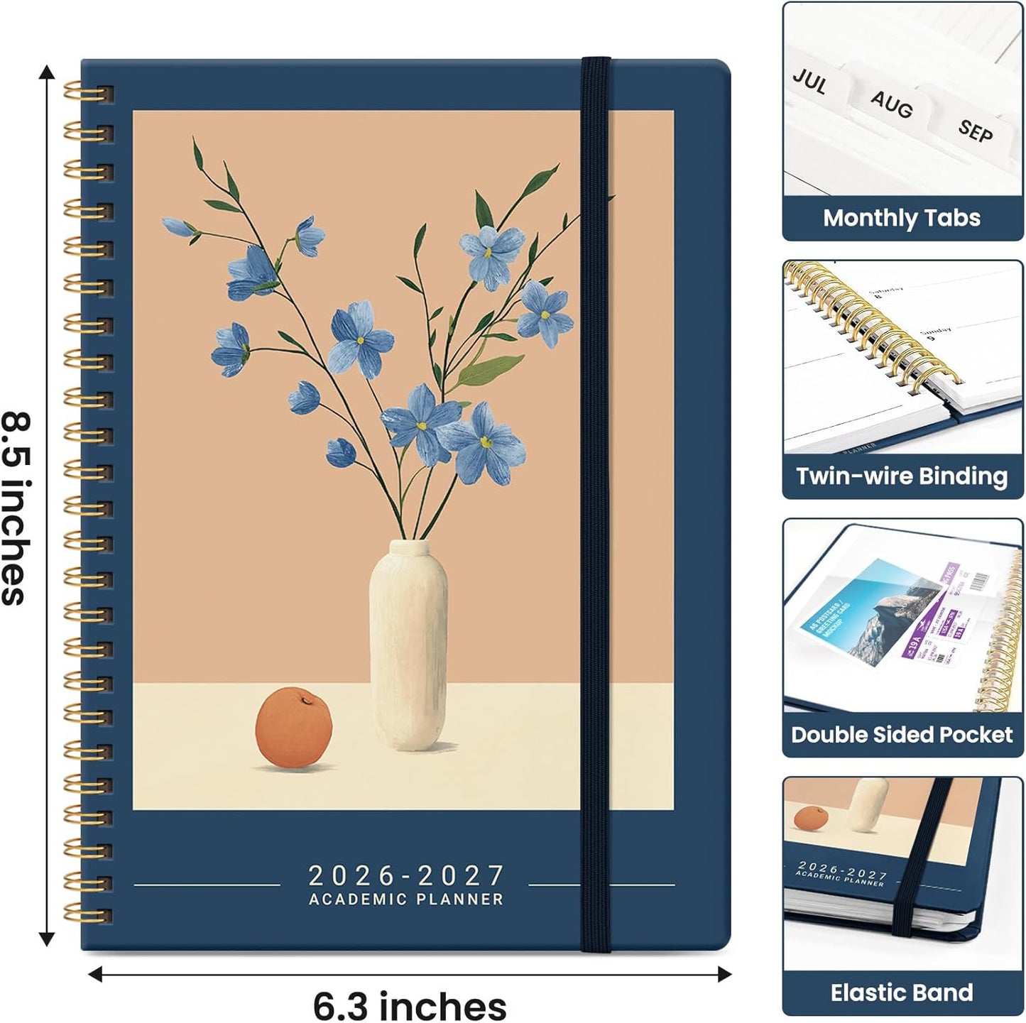 Planner 2026-2027, Academic Year Monthly and Weekly Calendar Planner, Jul 2026 - Jun 2027, Hardcover Teacher Student Planning Agenda book with Tabs, Perfect for School Office Supplies, 6.3" x 8.5" - Wildflowers