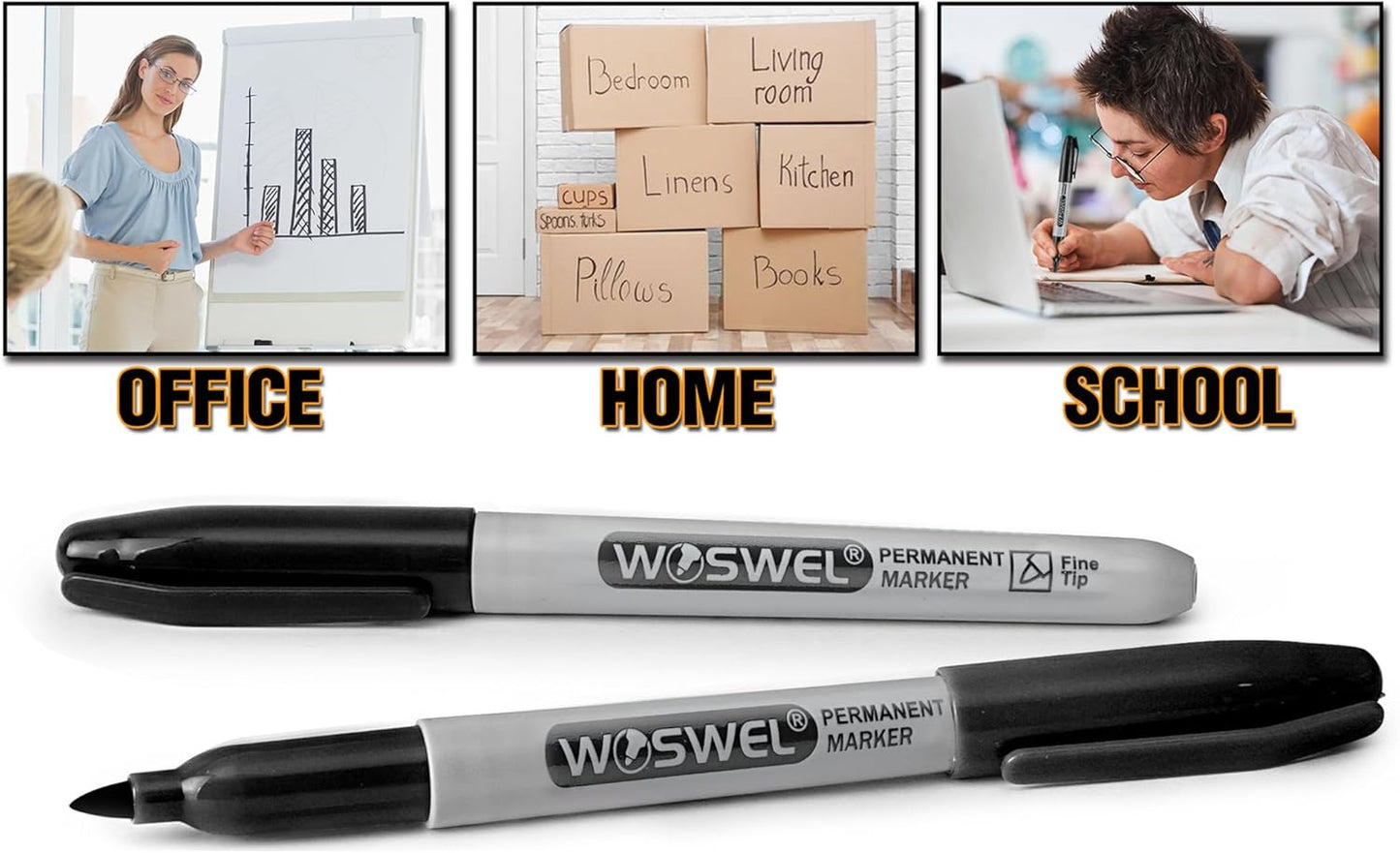 WOSWEL Permanent Markers Bulk, 50 Pack, Black Permanent Marker Pens, Fine Tip, Waterproof, Quick Drying, Smooth Writing, Used on Glass Metal Stone Paper Most Surfaces, Office School Supplies