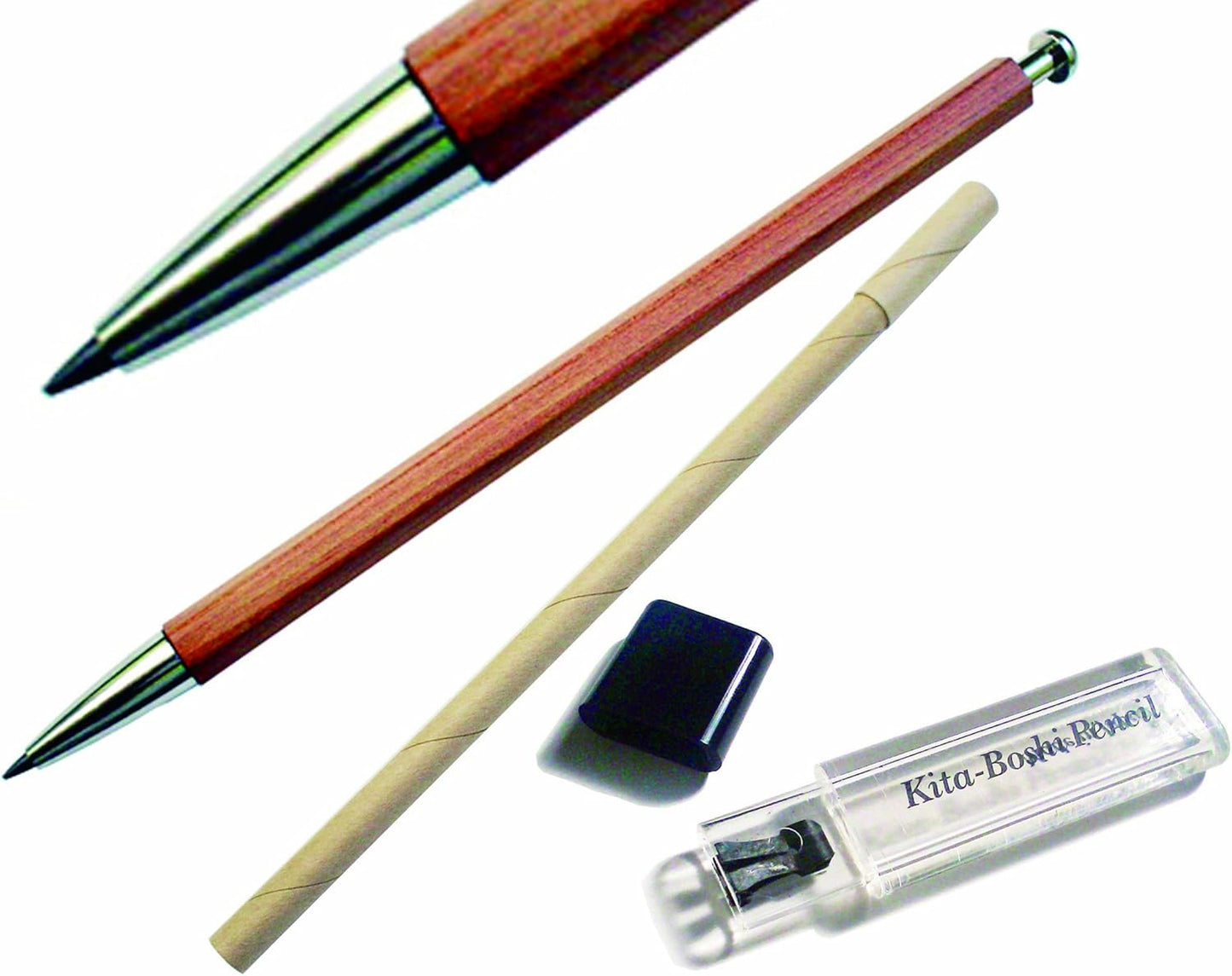 Kitaboshi 2.0mm Mechanical Pencil, Wooden Barrel, With Lead Sharpener, #1 B, Black Lead, 1ea (OTP-680NST), natural wood color w/sharpener