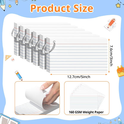 Index Cards 3x5 Inches, 300 PCS, Colored Flash Cards With Ring, Punched Lined Study Card Ruled Flashcards Notecards, Ruled Front And Blank Back, Note Card for School, College And Home