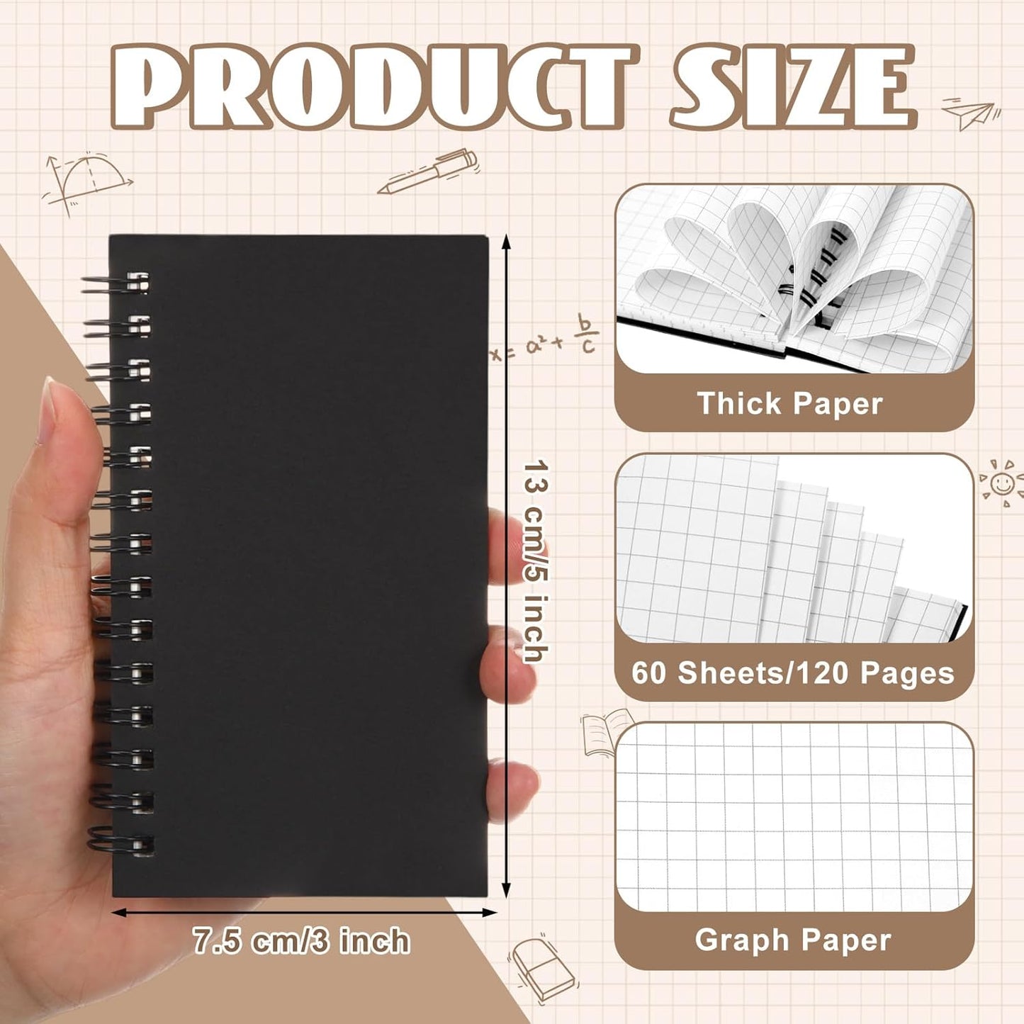Jutom 6 Pcs Small Graph Paper Pads Notebook Mini Spiral Notebooks Grid Paper 3 x 5 Inch Pocket Notepads 120 Pages Mini Notepads for Office School Work Math Meeting (Black)