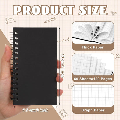 Jutom 6 Pcs Small Graph Paper Pads Notebook Mini Spiral Notebooks Grid Paper 3 x 5 Inch Pocket Notepads 120 Pages Mini Notepads for Office School Work Math Meeting (Black)
