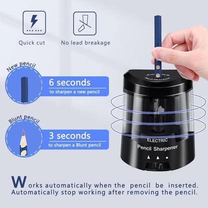 Electric Pencil Sharpener, Battery (Not Included) USB Powered, Portable for NO.2 Pencils, Automatic and Durable with 3 Sharpness Options - Classroom, Home, Office Black