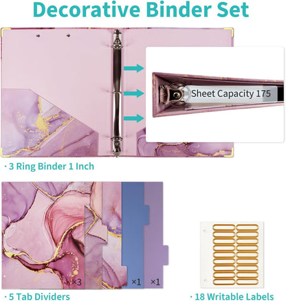Binditek 3 Ring Binder 1 Inch, Letter Size, Binder Organizer with 5-Tab Dividers, 2 Interior Pockets, Low Profile Clip Cover, Label Stickers, 175 Sheet Capacity, Floral, 1 Pack