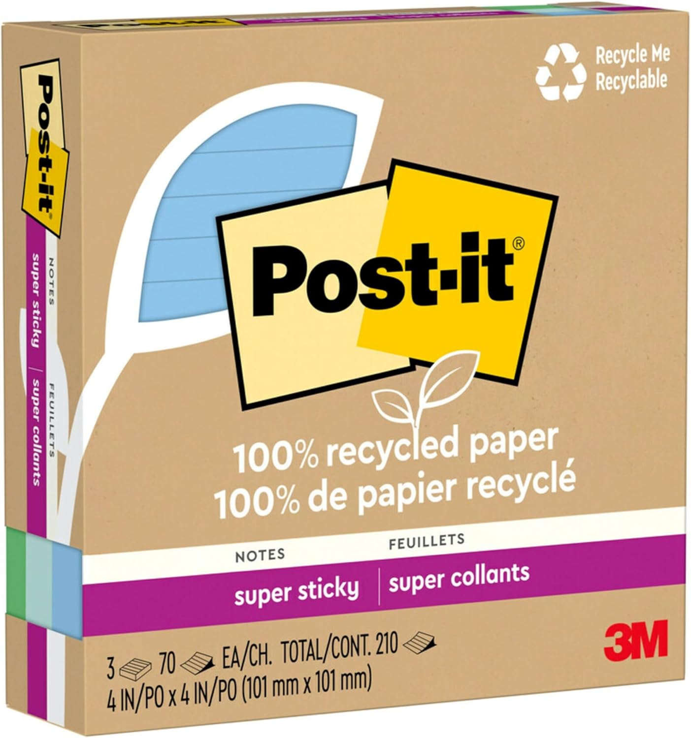 Post-it 100% Recycled Paper Super Sticky Notes, 4 in. x 4 in., 3 Pads, 70 Sheets per Pad, Wanderlust Pastels, School Supplies and Office Products