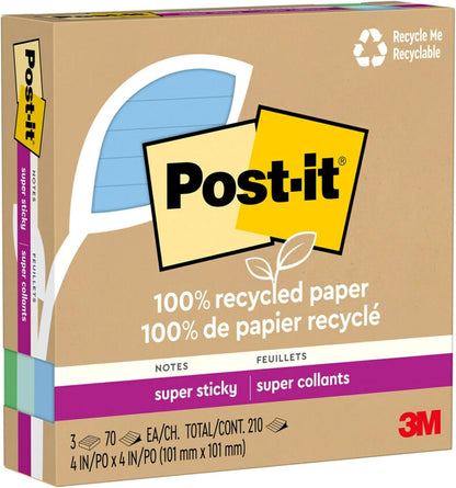 Post-it 100% Recycled Paper Super Sticky Notes, 4 in. x 4 in., 3 Pads, 70 Sheets per Pad, Wanderlust Pastels, School Supplies and Office Products