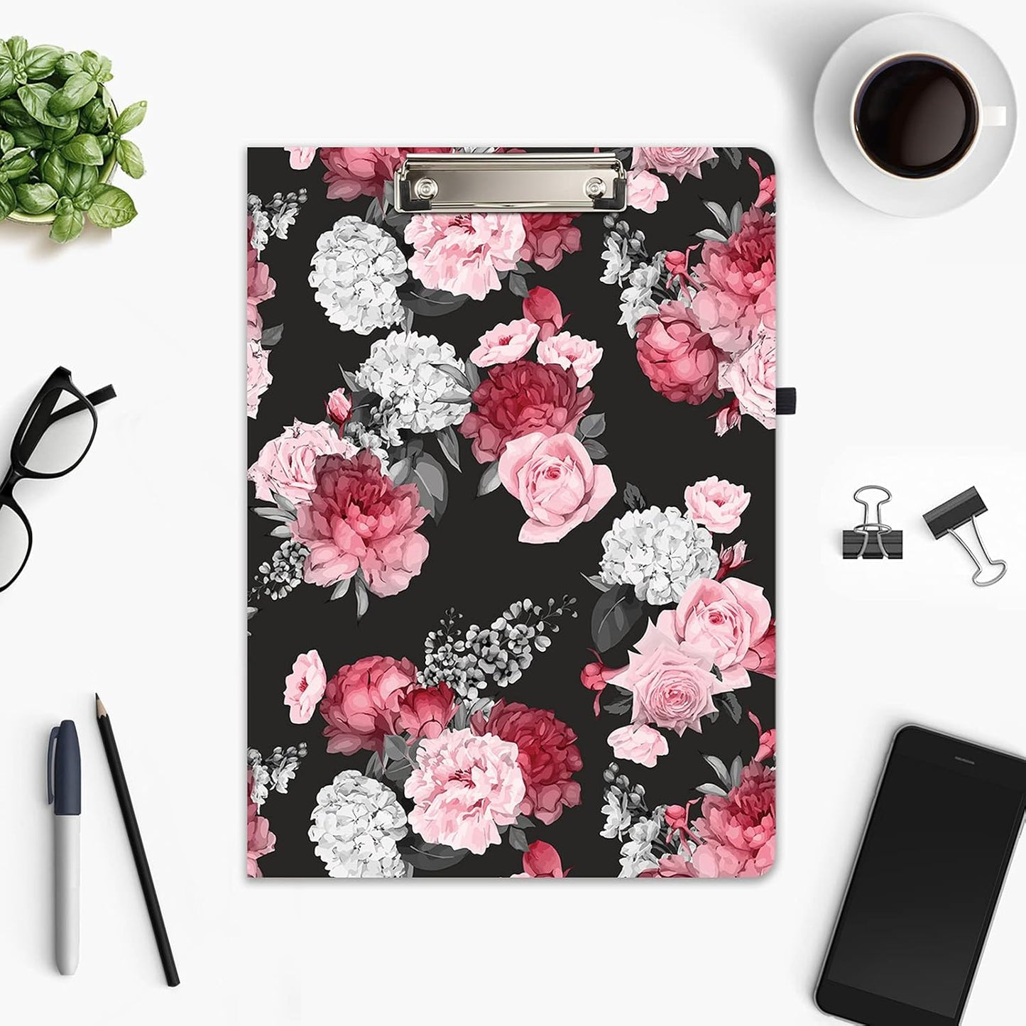 Hongri Clipboard Folio with Refillable Lined Notepad and Interior Storage Pocket for Students, Classroom, Office, Women, Man, Cute Custom Pattern, Size 12.8 x 9.2 in, Classic Flower