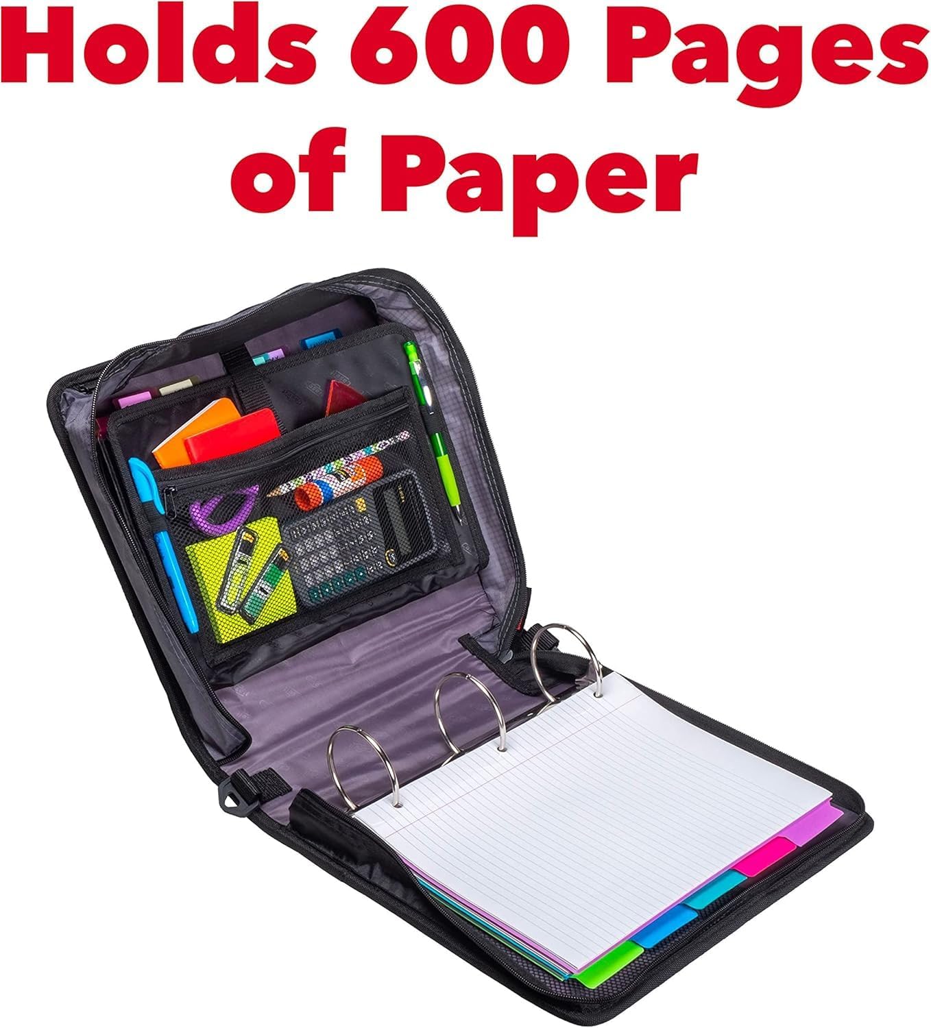 Case-it Mighty Zip Tab School Zipper Binder | 3-Inch O-Rings, 600-Sheet Capacity, 5-Subject Expanding File Folder, Multiple Pockets & Storage Organizer, Shoulder Strap | D-146 Jet Black