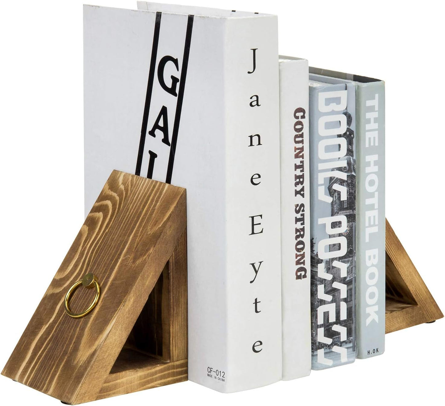 MyGift Brass Wood Decorative Bookends Triangular Design, Office Desk Wooden Book Ends, Book Stand for Shelves with Tone Ring Accent, Rustic Burnt
