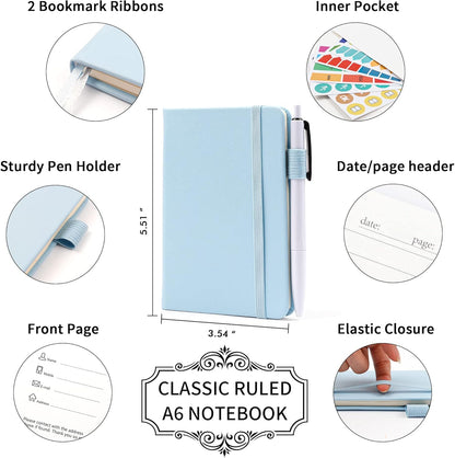 feela 3 Pack Pocket Notebook Journals with 3 Black Pens, A6 Mini Cute Small Journal Notebook Bulk Hardcover College Ruled Notepad with Pen Holder for Office School Supplies, 3.5”x 5.5”, Gray