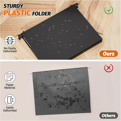 SHUTEX Extra Capacity Plastic Hanging File Folders,12 Pack Reinforced Hang Folder,Heavy Duty 1 Inch Expansion,Filing Cabinet Folders Letter Size for Bulk Files/Medical Charts, Black