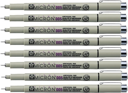 Sakura Pigma Micron pen 005 Black ink marker felt tip pen, Archival pigment ink, fine point for artist drawing pens - 8 pen set