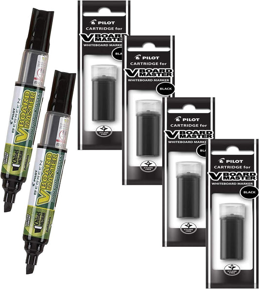 Refillable Dry Erase Markers, Pilot BeGreen V Board Master Assorted Colors, 5-Pack With 1 Refill For Each Marker