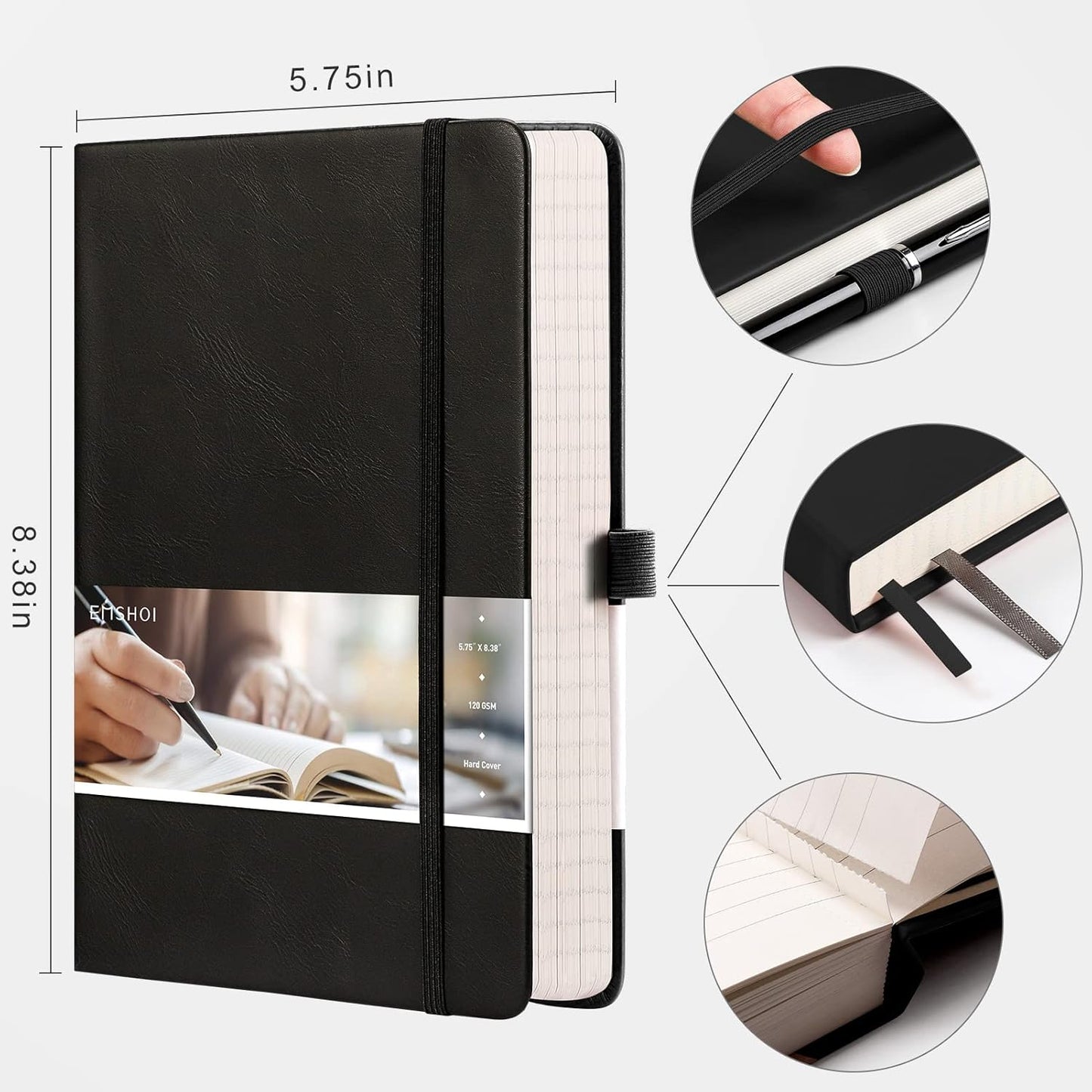 EMSHOI Graph Paper Notebook - 256 Pages A5 Graph Notebook/Journal, Hard Cover, 120gsm Thick Paper, Smooth PU Leather, Inner Pocket, 5.75'' × 8.38''-Black