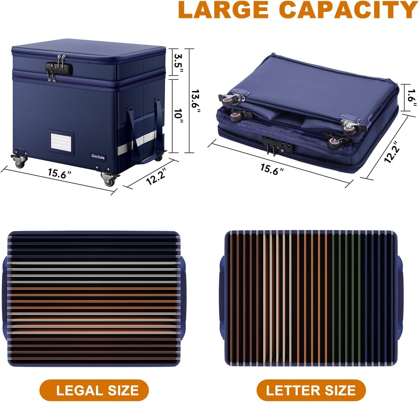 DocSafe Fireproof Document Box with Lock,2-Layer File Box with Wheels,Collapsible File Storage Organizer with Pockets,Large Portable Home Filing Cabinet for Hanging Folders,Black,16''x13.8''x12.2''