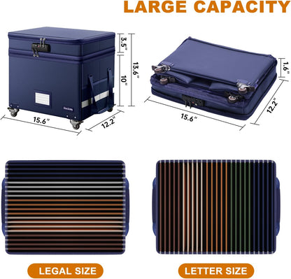 DocSafe Fireproof Document Box with Lock,2-Layer File Box with Wheels,Collapsible File Storage Organizer with Pockets,Large Portable Home Filing Cabinet for Hanging Folders,Black,16''x13.8''x12.2''