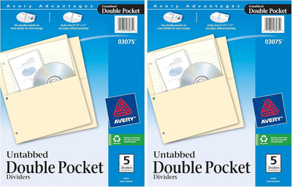 Avery Untabbed Double Pocket Dividers for 3 Ring Binders, Manila, Pack of 5 Dividers (03075)