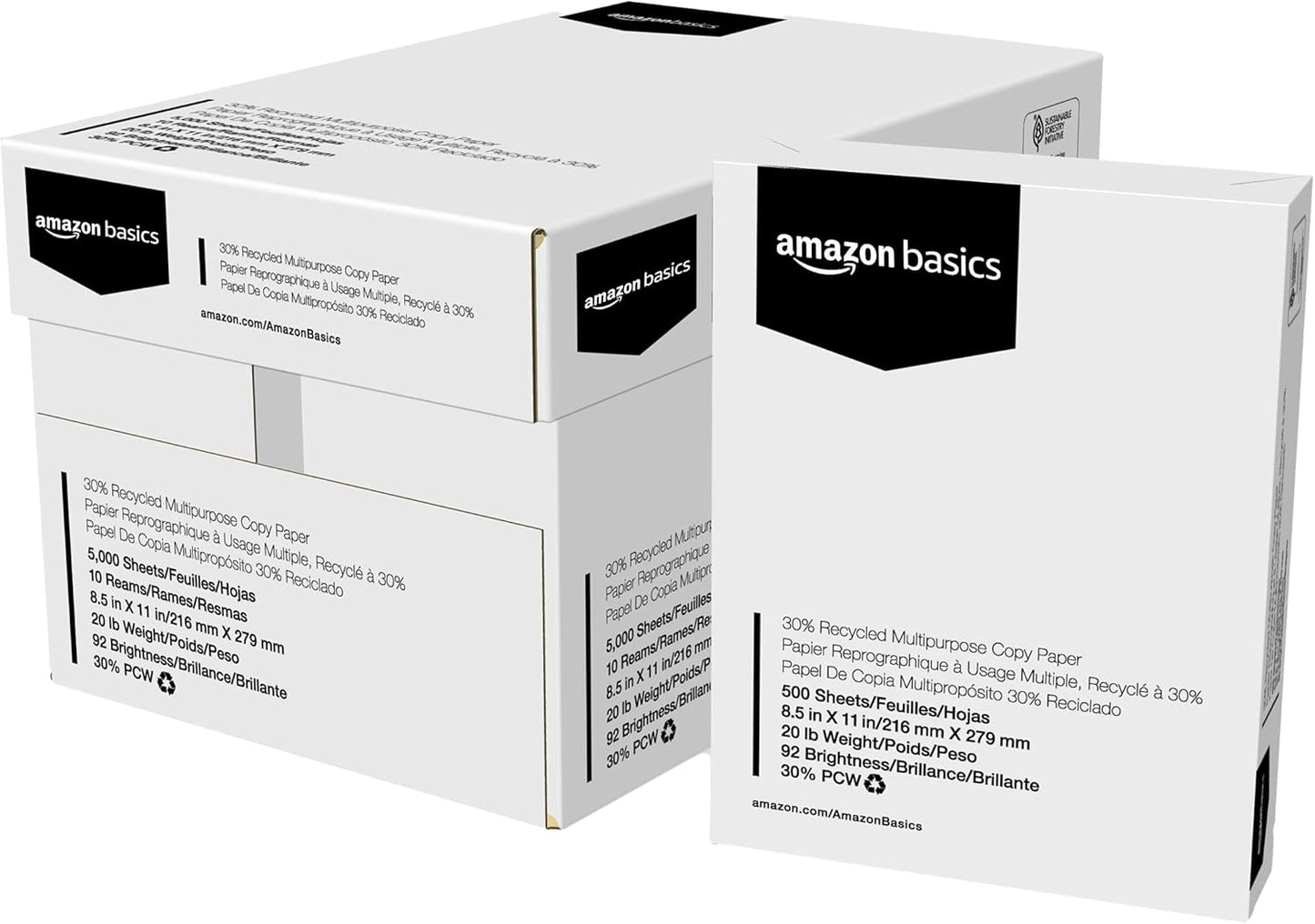 Amazon Basics 30% Recycled Multipurpose Copy & Print Paper, 8.5 x 11 Inches, 20 lb Weight, 92 Bright, White, FSC Certified, 1500 Sheets (3 Reams)