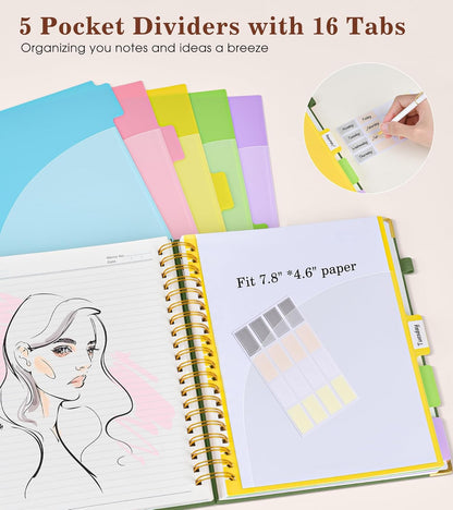 Hardcover Large Spiral Notebook 8.5" x 11" with Removable Dividers Tabs, 300 pages Leather 5 Subject Notebook College Ruled, A4 Journal for Women Men, Notebooks for Work School Note taking,Black