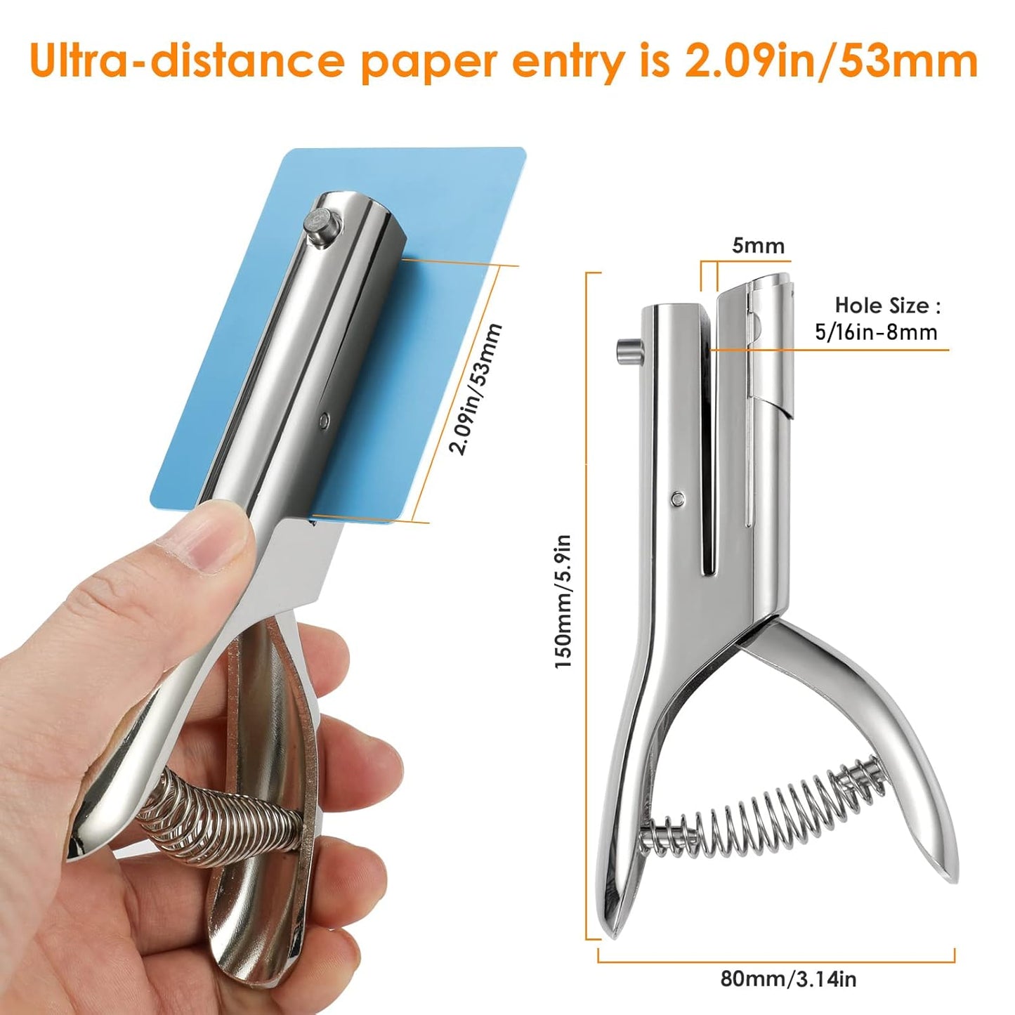 Hole Punch 2" Reach 1/4 inch Single Hole Punch,Heavy Duty Hole Puncher Single,Portable Hand Held Long Paper Punch for Paper Cards Plastic Cardboard (Silver) (1/4"-6mm Hole)