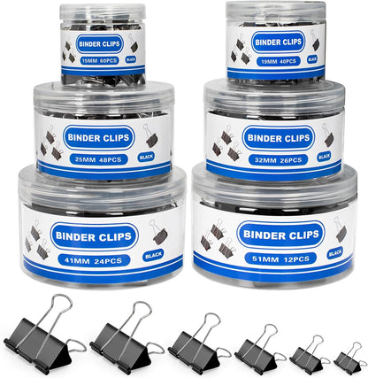 BainGesk 210 PCS Binder Clips Paper Clamps Assorted Sizes, Metal Paper Binder Clips, Black Binding Paperwork Clamp Bulk, 6 Sizes in 6 Boxes, School, Office Supplies