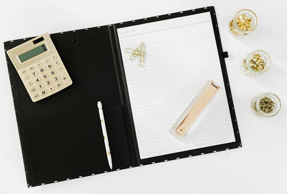 Kate Spade New York Clipboard Folio with Low Profile Clip, Black Professional Padfolio Includes Lined Notepad, Pen Loop, and Pocket, Polka Dots