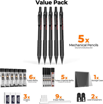 Nicpro Black Art Mechanical Pencil Set, 5PCS Metal Drafting Pencils 0.3, 0.5, 0.7, 0.9 mm & 2mm Graphite Lead Holder For Sketching Drawing With 9 Tubes (4B 2B HB 2H Colors) Lead Refills Erasers Case