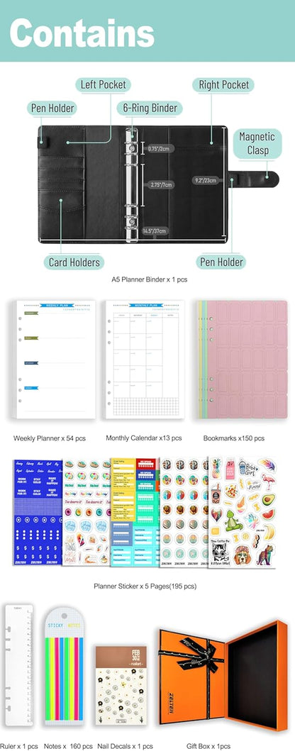 A6 A5 6-Holes Colorful PVC Cover Round Ring View Binder with Snap Button Closure File Folder for Loose Leaf Sheet Protectors Notebook Refill (Pink Daisy, A5 Mini Set) - Colors A