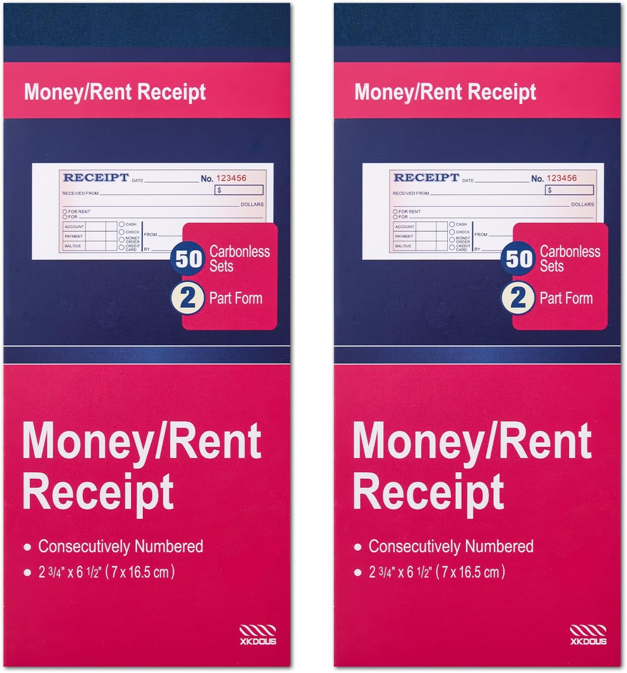 XKDOUS 2 Pack Money and Rent Receipt Book, 2-Part Carbonless, 2-3/4" x 6-1/2" Receipt Book for Small Business, 50 Sets per Book