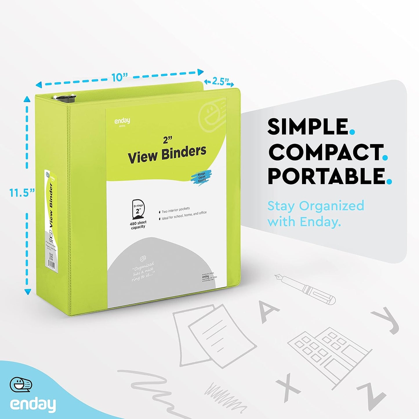 3 Inch Binder 3 Ring Binders Green, Slant D-Ring 3” Clear View Cover with 2 Inside Pockets, Heavy Duty Colored School Supplies Office and Home Binders – By Enday
