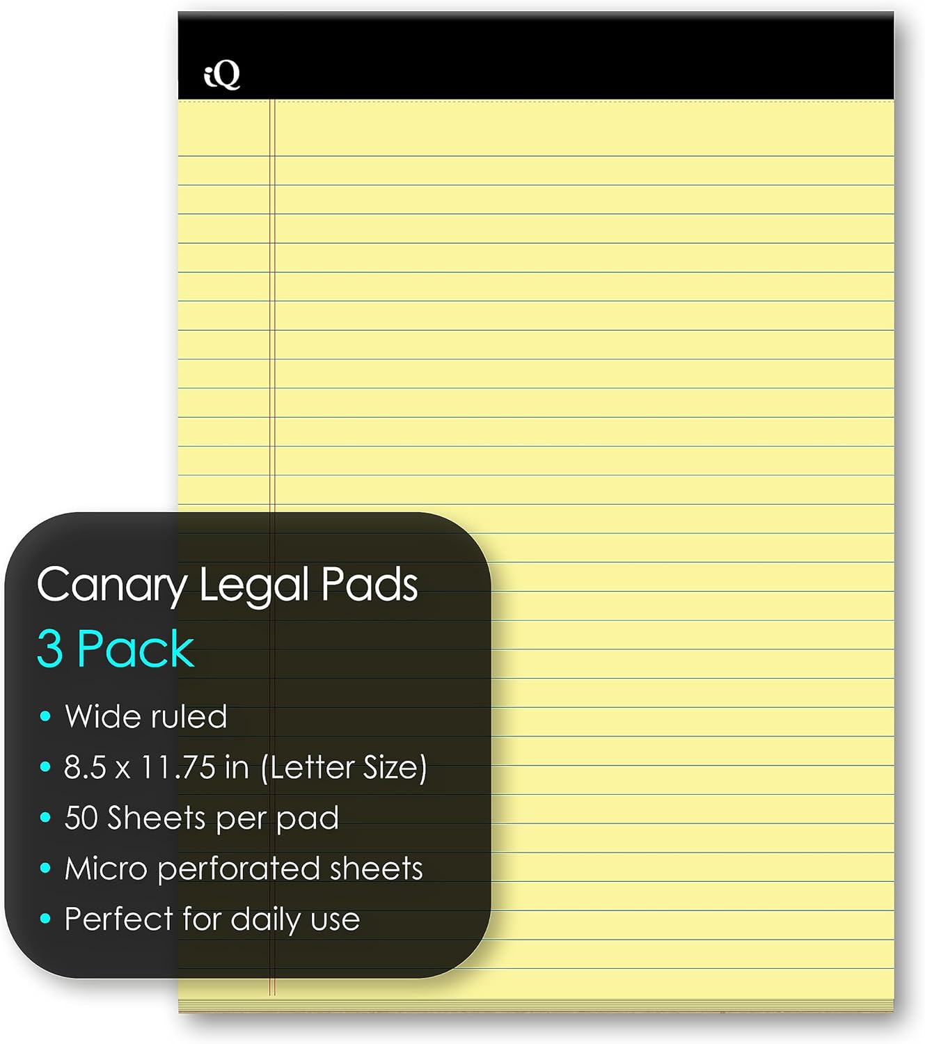 iScholar iQ Legal Pads, Canary, Wide Ruled, 8.5" x 11.75", 50 Sheets Per Pad, Pack of 3 Pads (98113)