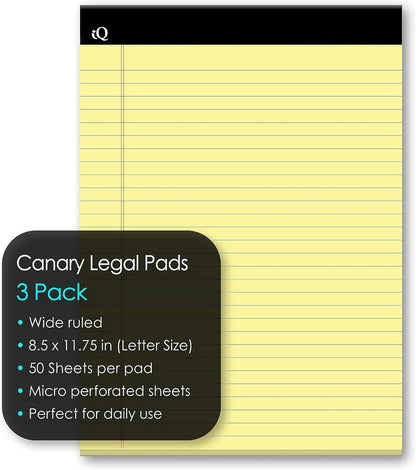iScholar iQ Legal Pads, Canary, Wide Ruled, 8.5" x 11.75", 50 Sheets Per Pad, Pack of 3 Pads (98113)