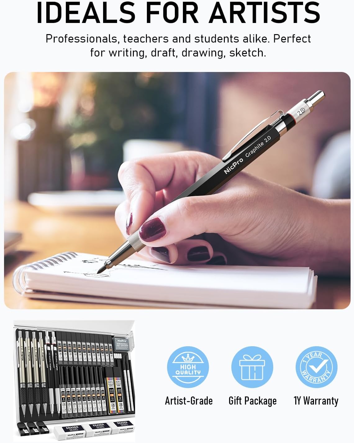 Nicpro 35PCS Art Mechanical Pencil Set, 3 PCS Metal Drafting Pencil 0.5 mm & 0.7 mm & 0.9 mm & 3 PCS 2mm Lead Holder (6B 4B 2B HB 2H 4H Colors) For Sketching Drawing With 20 Tube Lead Refills Case