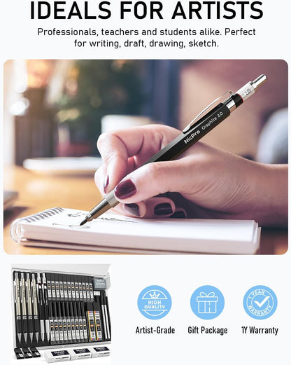 Nicpro 35PCS Art Mechanical Pencil Set, 3 PCS Metal Drafting Pencil 0.5 mm & 0.7 mm & 0.9 mm & 3 PCS 2mm Lead Holder (6B 4B 2B HB 2H 4H Colors) For Sketching Drawing With 20 Tube Lead Refills Case