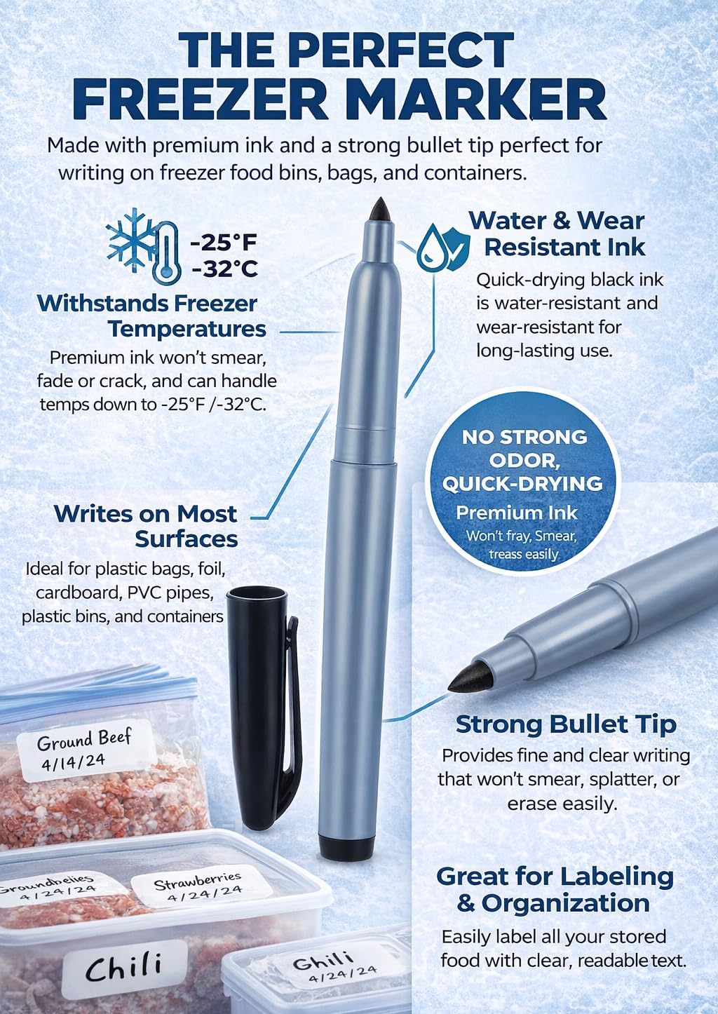 Cadie Permanent Freezer Marker Set of 2 – Waterproof Fast-Drying Black Ink Pens with Chisel Tip for Food Labeling, Fridge & Freezer Storage, Kitchen & Lab Use & General Organization.