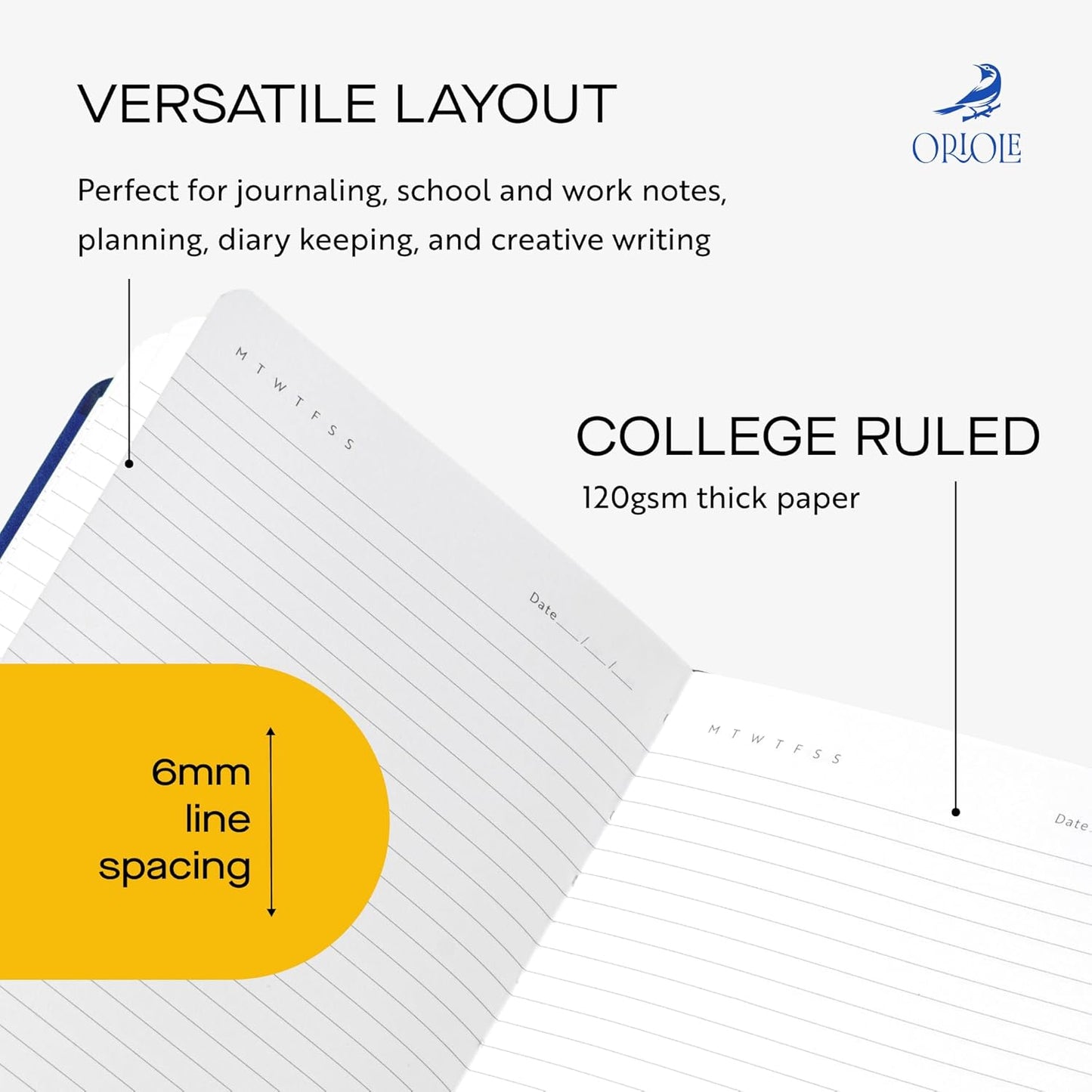 Oriole Vegan Leather Ruled Notebook - Chestnut Brown | 176 Pages of Thick Lined Paper | Soft Touch Hardcover Journal (5 x 8 in) with Gold Foil Bird Design & Luxury Gift Box