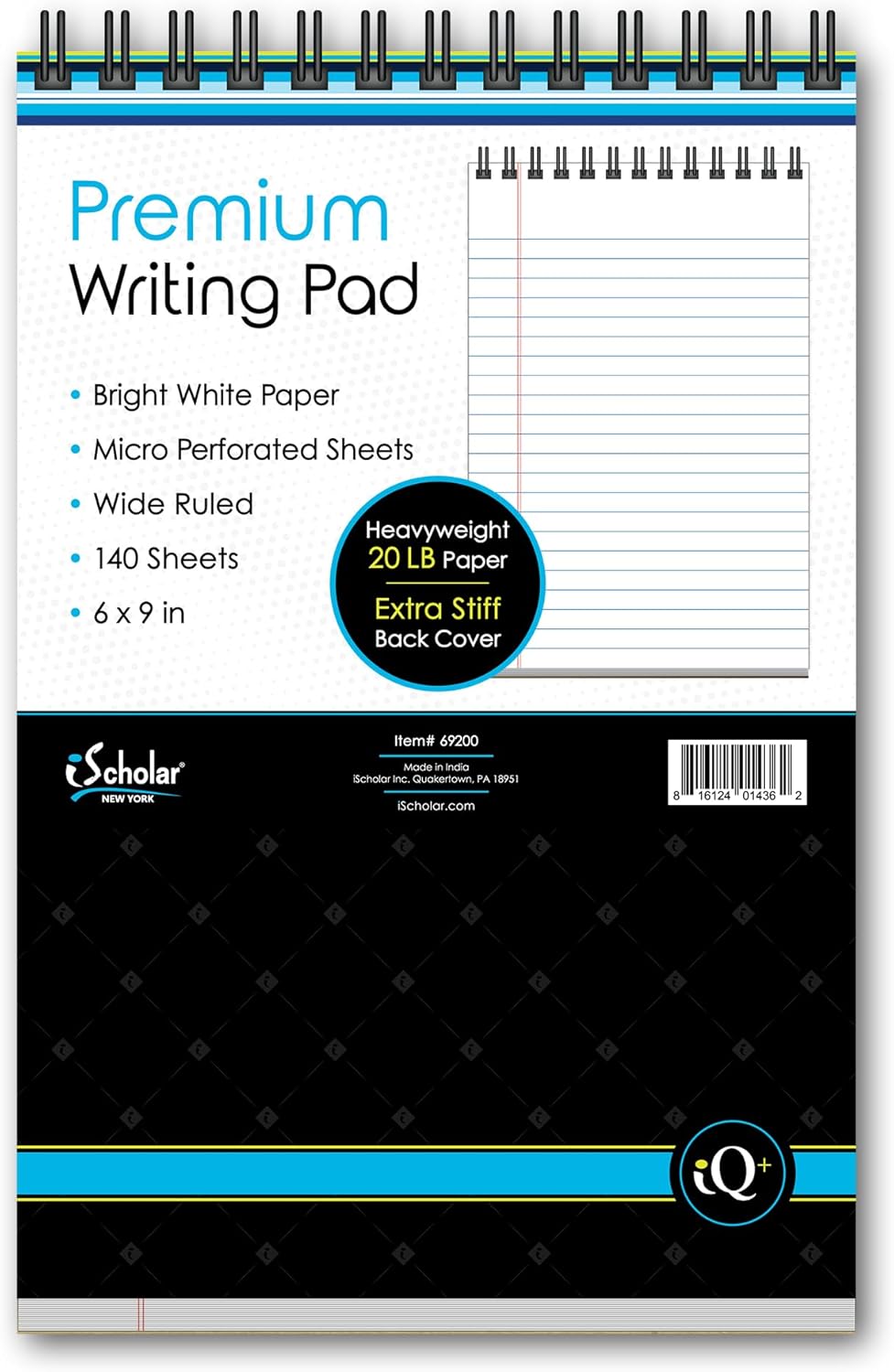 iScholar iQ+ Premium Writing Pad, White, 6" x 9", 140 Sheets, Double-Wire (69200)
