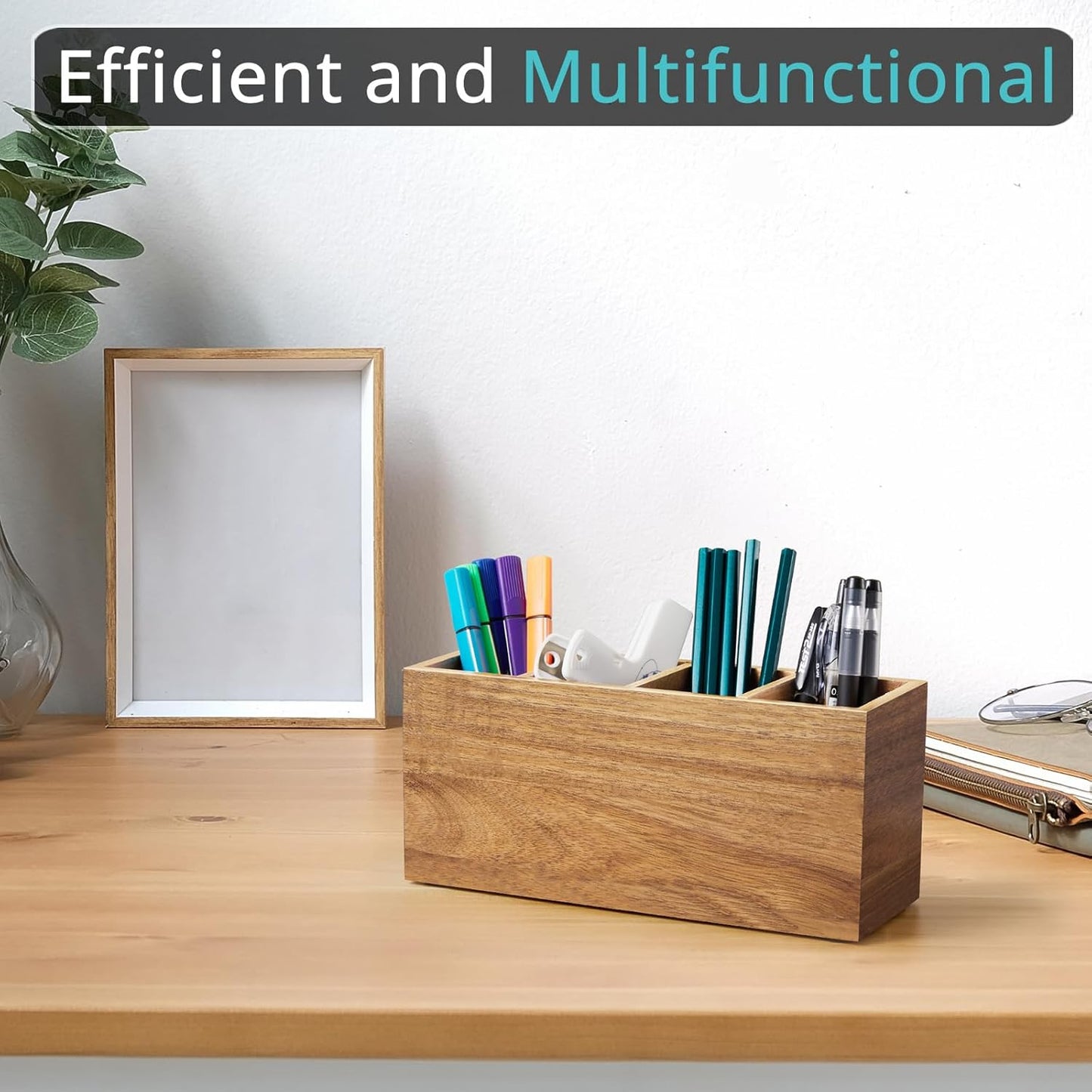 Bivvclaz Pencil Pen Holder for Desk, Wooden Office Desk Organizers and Accessories with 4 Slots for Countertop, Makeup Brush Holder Organizer for Bathroom Vanity, Silverware Caddy for Party, White