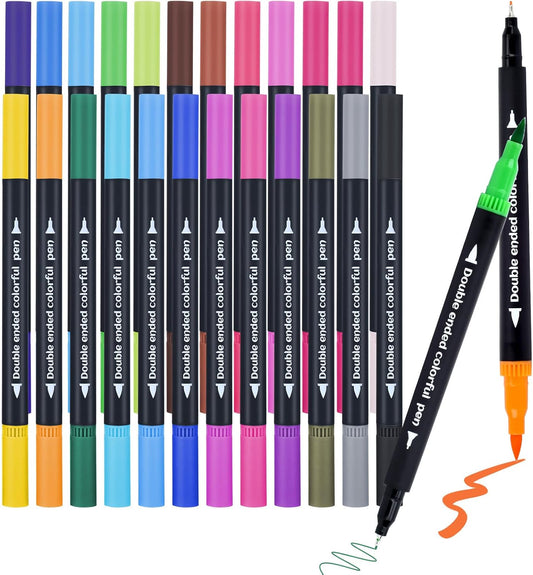 24Color Dual-Tip Art Markers Set, Fine & Brush Tips for Adult Coloring Books, Watercolor & Drawing Pens, Artist Marker Pens for Illustration, Sketching, Journal